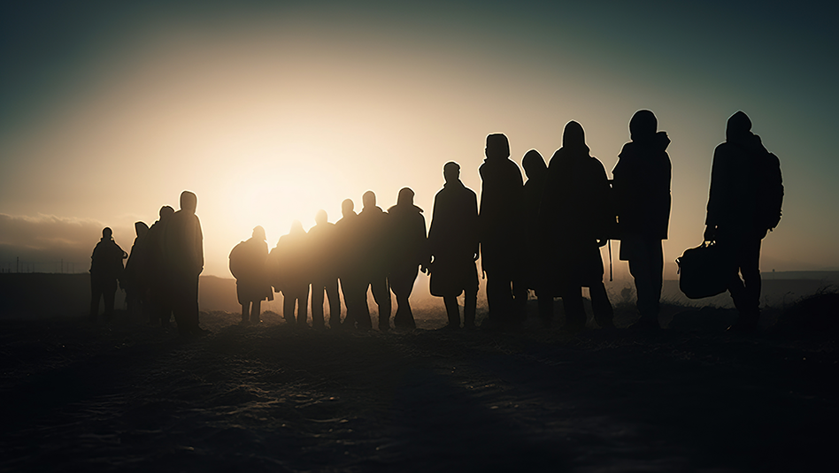 A group of refugees walking toward the sunset