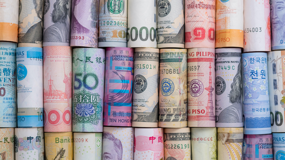 Colorful collage of different currencies